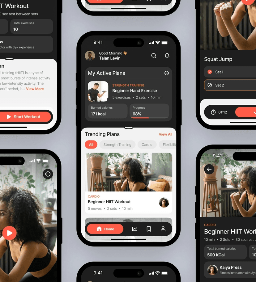 Mobile fitness app interface showing workout plans